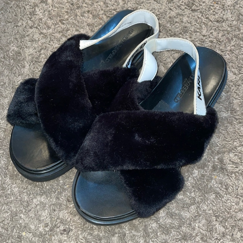 KARL LAGERFELD PARIS Patricia Black Faux Fur Slingback Platform Sandals